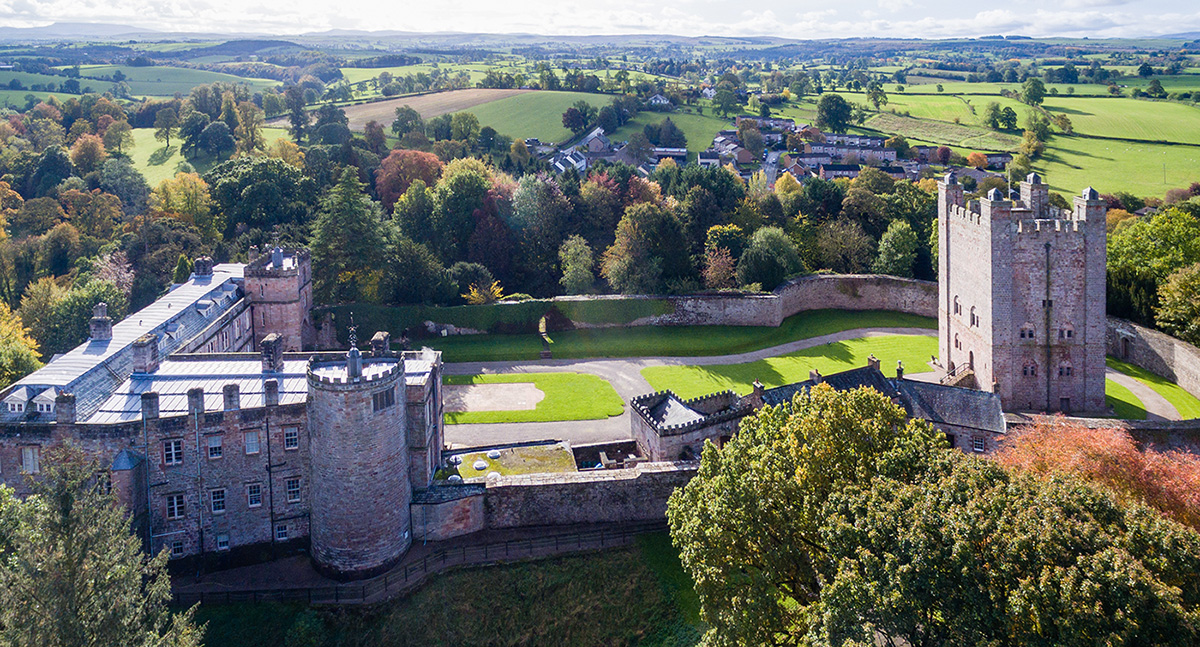 Aerial view of Appleby Castle and the Norman Keep in Autumn